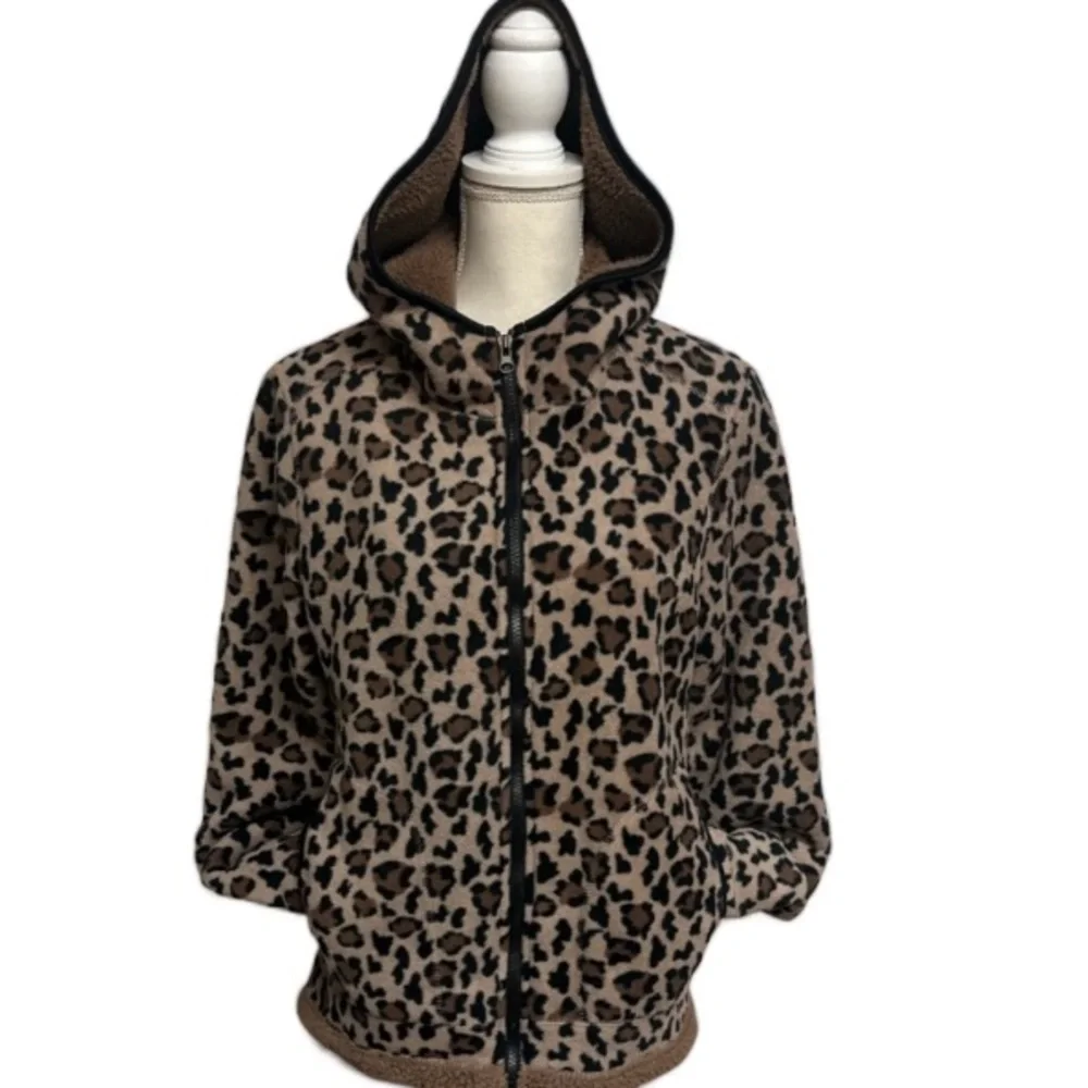 Leopard Print Fleece Hooded Zip Up Jacket With Pockets Ladies Size Medium
